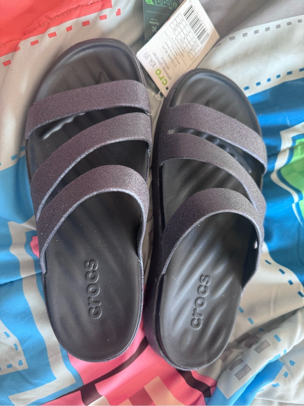 CROCS Women's Triple-Strap Glitter Slide Sandals in Dark Purple